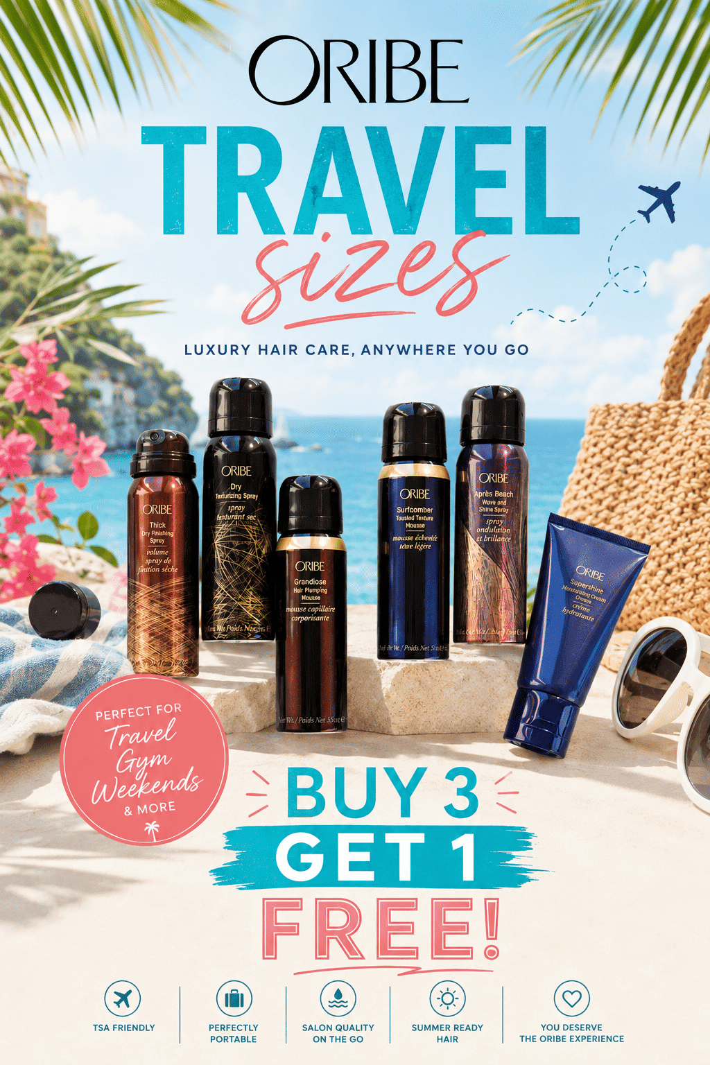 Oribe travel-size hair care products with a buy 3 get 1 free offer.
