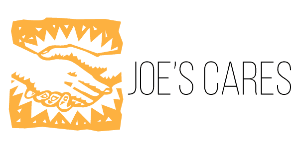 Handshake logo with text "Joe's Cares" featuring stylized yellow graphic design.